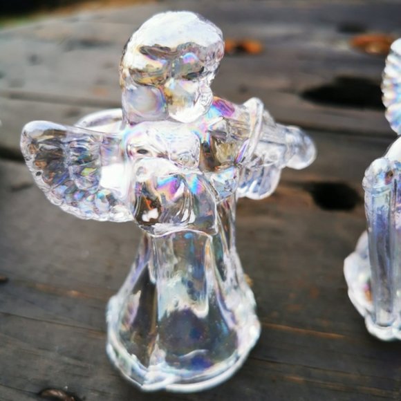 Pair of Iridescent Glass Angels Cherubs Playing Instruments Candle Holders - Picture 2 of 16
